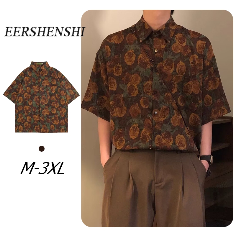 ERSHENSHI เสื้อเชิ้ตผู้ชาย เสื้อเชิ้ตคอคิวบา เสื้อเชิ้ตแขนสั้นผู้ชายฤดูร้อน