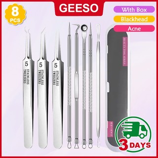 GEESO 8Pcs/Set Stainless Steel Acne Clip Cell Tweezers Blackhead Remover Comedone Extractor