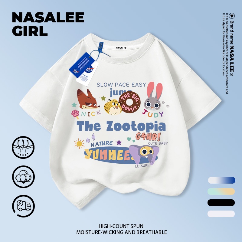 【จัดส่งวันเดียวกัน】เสื้อยืดคอกลมสีขาว NASA สำหรับเด็ก ซีรีส์ Zootopia สำหรับเด็กวัย 3-16 ปี ทั้งเด็กชายและหญิง แขนสั้นใส่ง่าย
