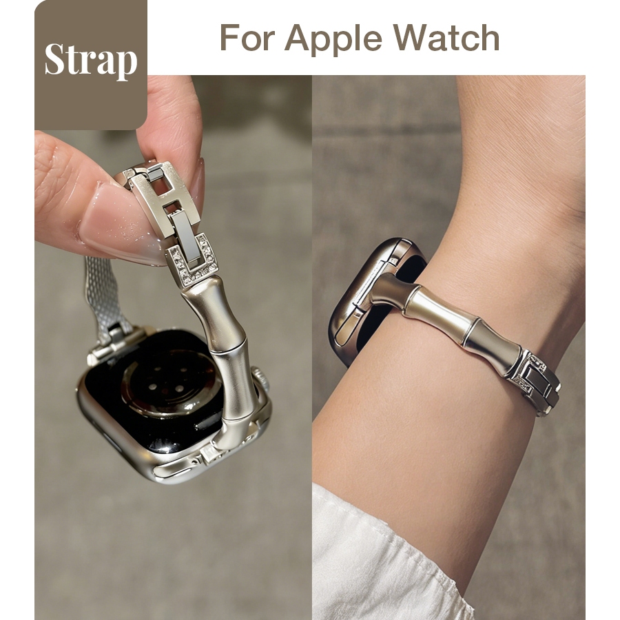 สุภาพสตรี สร้อยข้อมือสายโลหะลายโซ่ไม้ไผ่ สําหรับ Apple Watch S11 SE3 Ultra3 S10 S9 S8 SE S7 S6 Ultra