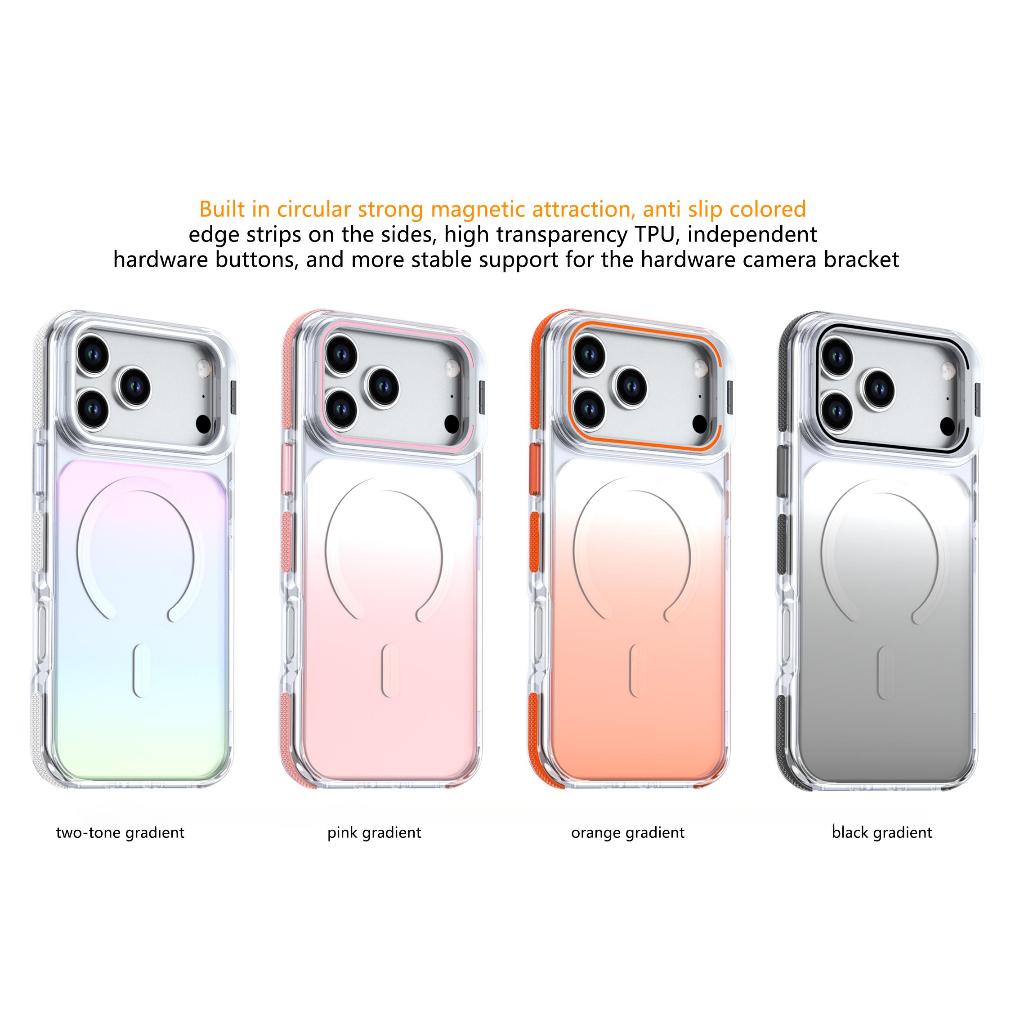 เคสโทรศัพท์ระบบแม่เหล็ก ไล่ระดับสี เคสใสกันกระแทก พร้อมขอบกันลื่นและฝาป้องกันเลนส์ ใช้ได้กับ iPhone 17 Pro Max, 16, 15, 14, 13, 12 Pro Max และ 11