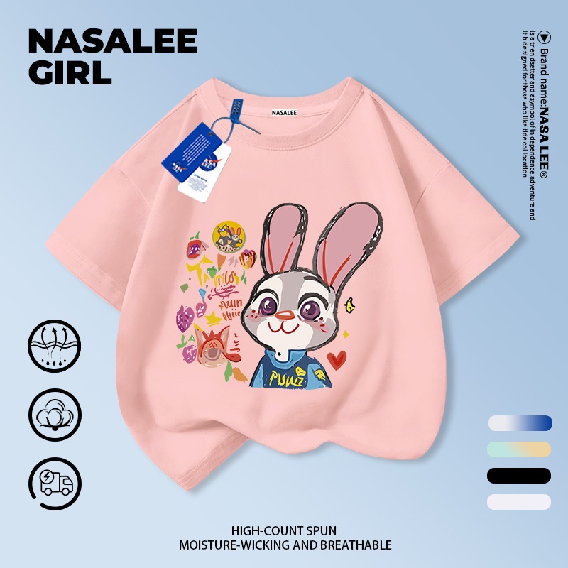 【จัดส่งวันเดียวกัน】เสื้อยืดคอกลมสีชมพูสำหรับเด็กของนาซ่า ลายกระต่าย สำหรับเด็กชายและเด็กหญิงอายุ 3-16 ปี แขนสั้น ใส่ได้ทุกวัย
