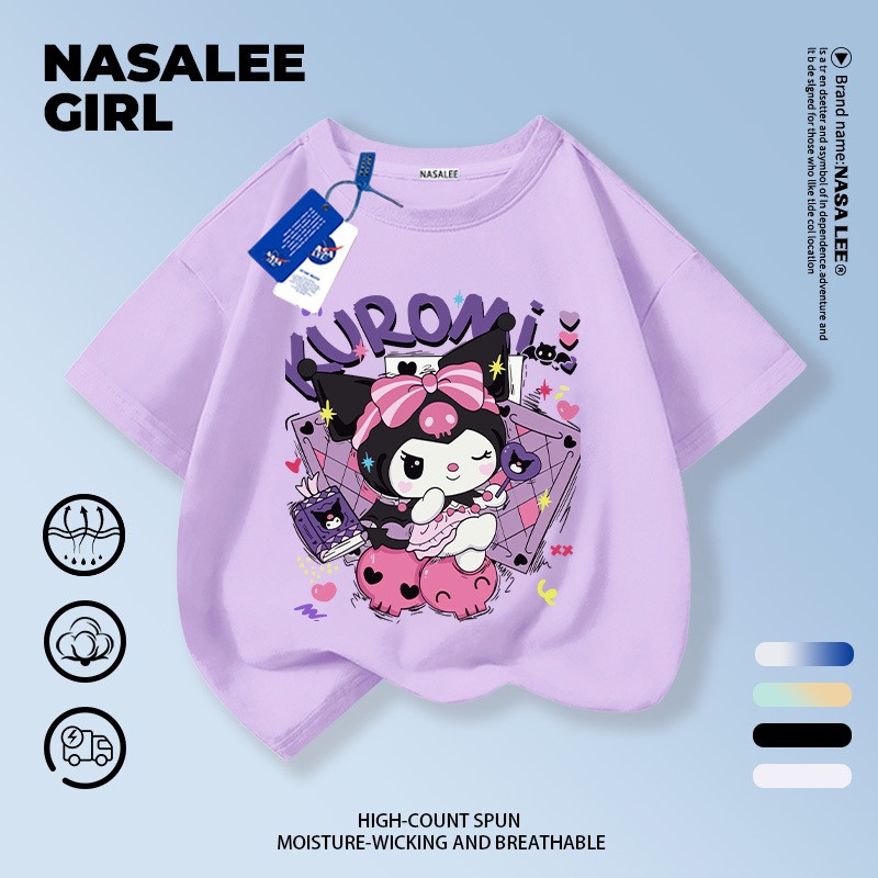 【จัดส่งวันเดียวกัน】เสื้อยืดคอกลมสีม่วงสำหรับเด็ก NASA ลาย Kuromi เหมาะสำหรับเด็กชายและเด็กหญิงอายุ 3-16 ปี แขนสั้นใส่ได้หลากหลาย