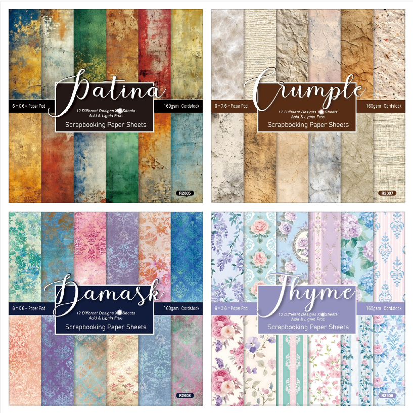 กระดาษแพ็ค 6"x6" Patina /vintage/ damask/ดอกไม้ 12