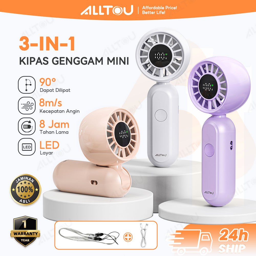 ALLTOU มินิแฟน พัดลมมือถือ หน้าจอ LED พัดลมขนาดเล็ก พพัดลม usb 3 เกียร์ 8m/s พัดลมพับได้ ลมแรง เงียบ