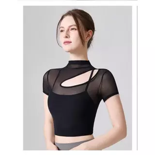 เสื้อกั๊กโยคะสำหรับผู้หญิง เปิดไหล่ ระบายอากาศดี มีแขนสั้นตาข่าย