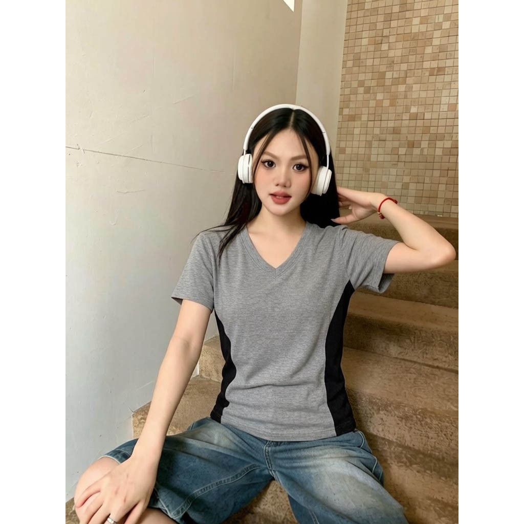 Selvze เสื้อยืดแขนสั้น สําหรับผู้หญิงในฤดูร้อน เสื้อยืดแขนสั้นคอวีหญิงสาวร้อน รัดรูปแบบอเมริกัน ทรงเข้ารูป รัดเอว รัดรูปสาวร้อน
