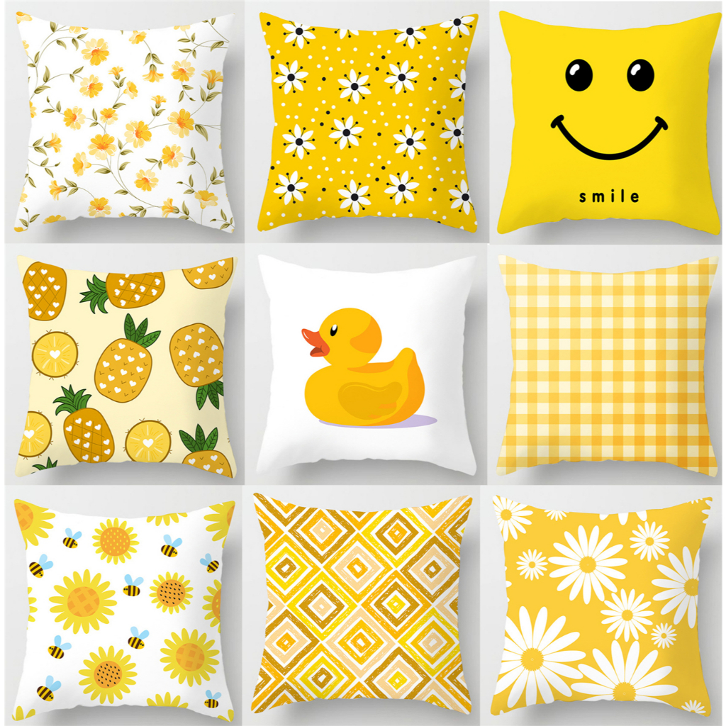 60×60.55×55.45×45.ปลอกหมอนผ้าฝ้ายลายดอกไม้สีเหลือง.ปลอกหมอนโซฟาตกแต่งบ้านสํานักงานรถหมอน