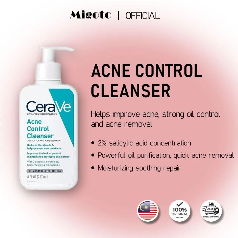 CeraVe-acne cleanser with Oil Control 237ml เพื่อยกเลิกรูขุมขน ลดสิวหัวดํา ซ่อมแซมอุปสรรคและปรับปรุงสิวปิด