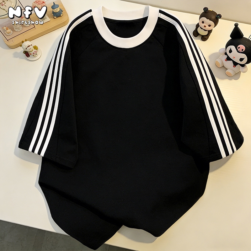 [จัดส่งตลอด 24 ชั่วโมง] NFV เสื้อยืด oversize✨สีดำคอขาว แขนสั้น แถบขาวข้างแขน ผ้าฝ้าย ใส่สบาย YG0