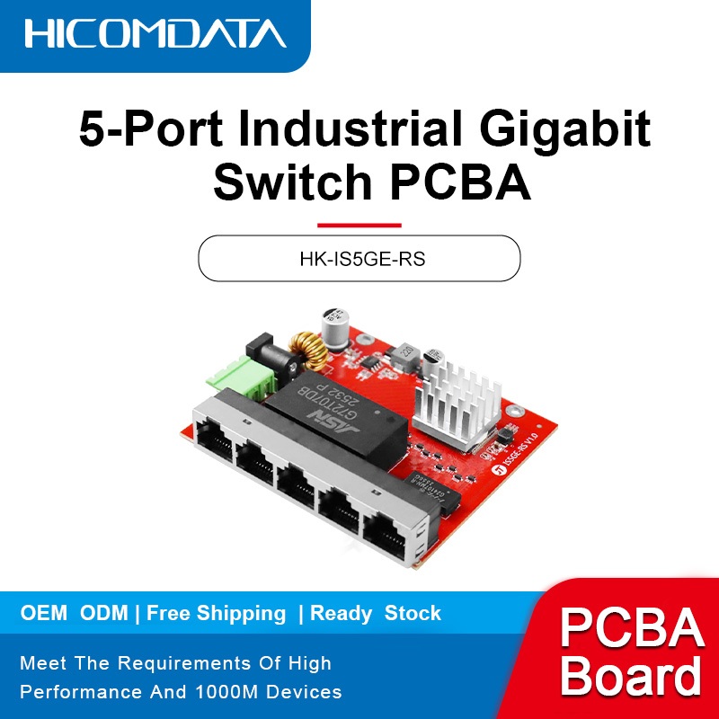 HICOMDATA สวิตช์อีเธอร์เน็ต Gigabit อุตสาหกรรม 5 พอร์ต RJ45 10/100/1000M PCBA บอร์ดฝังตัว -40°ค~85°C