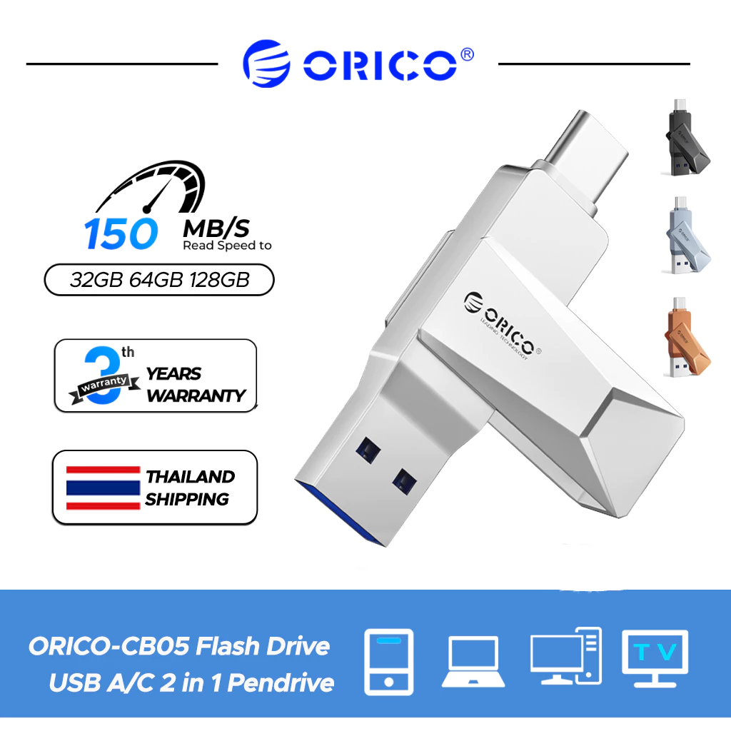 ORICO แฟลชไดรฟ์ USB 3.0 พอร์ตคู่ 64GB 150MB/s 2 in 1 PenDrive สําหรับอุปกรณ์ USB C และ USB A (CB05)