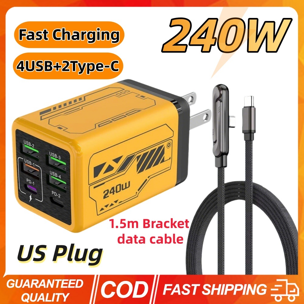 (คลังสินค้าพร้อม) ชุด 240W 4 USB+2 Type-C 6 พอร์ต Fast Charger Type C Quick Charge QC3.0 USB Charger Adapter สําหรับโทรศัพท์มือถือ PD US
