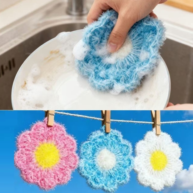 1/3/5PCS การออกแบบดอกทานตะวันผ้าขัดล้างจานเกาหลี Scouring pad Handmade อะคริลิคทําความสะอาด Rag