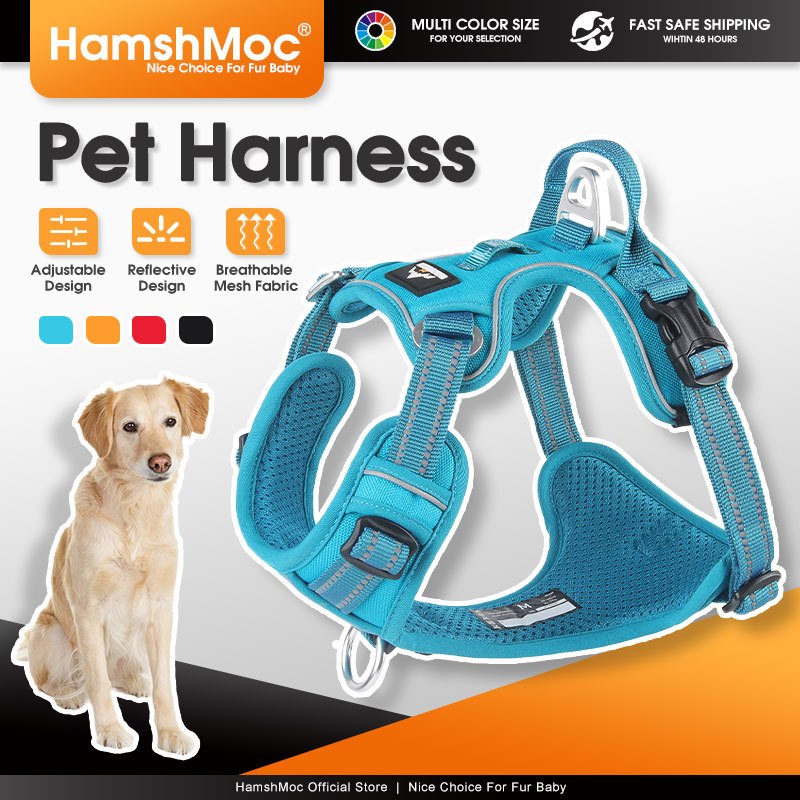 HamshMoc ไม่มีการดึงสายรัดสัตว์เลี้ยงปรับสายรัดสุนัขสะท้อนแสงตาข่ายระบายอากาศที่มีการจัดการนุ่มหัวเข็มขัดที่วางจําหน่ายอย่างรวดเร็วนุ่มส