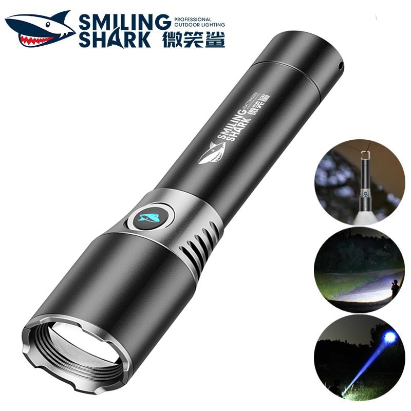 SmilingShark SD5351 ไฟฉาย LED ที่มีประสิทธิภาพ M60 6000LM พร้อมตะขอที่ถอดออกได้ออกแบบไฟฉาย Super Bright 18650 3 โหมด Type-C ชาร์จแบบพกพากันน้ําสําหรับตั้งแคมป์เดินป่า