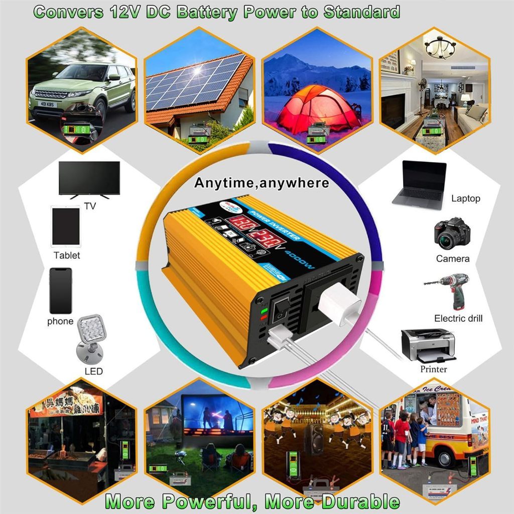 อินเวอร์เตอร์ไฟรถยนต์ 4000W 12V ถึง 220V | ชาร์จเร็ว USB คู่ | ดัดแปลงไซน์เวฟ | ปลั๊กเสียบที่จุดบุหรี่