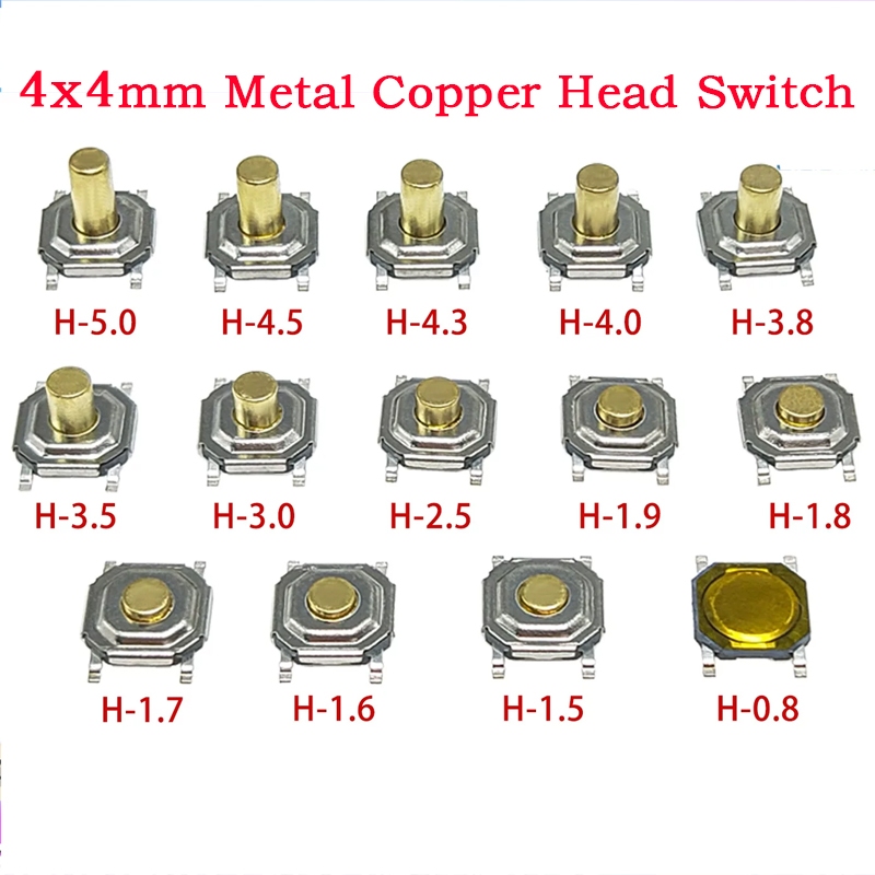Tact สวิทช์ Patch 4 Pins 4 * 4 * 1.5/1.6 มม.โลหะหัวทองแดงปุ่มกด Micro Switch 5.2 * 5.2 * 1.7 4x4x1.6 มม.4x1.7 1.8 1.9 2 2.3 2.5 มม.4 * 4 * 4 * สวิตช์หัวทองแดงโลหะ 4 * 4.5 มม
