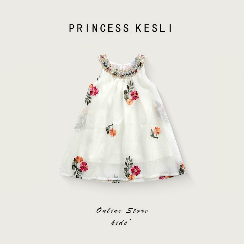 Princess Kesli ชุดเดรสเด็กผู้หญิง แขนกุด ลายดอกไม้ ปักลาย คอปกสีเงิน สาวเกาหลีฤดูร้อน ชุดเดรสไตล์เจ้าหญิง านุ่มใสสบายฯ 2-9 ปี