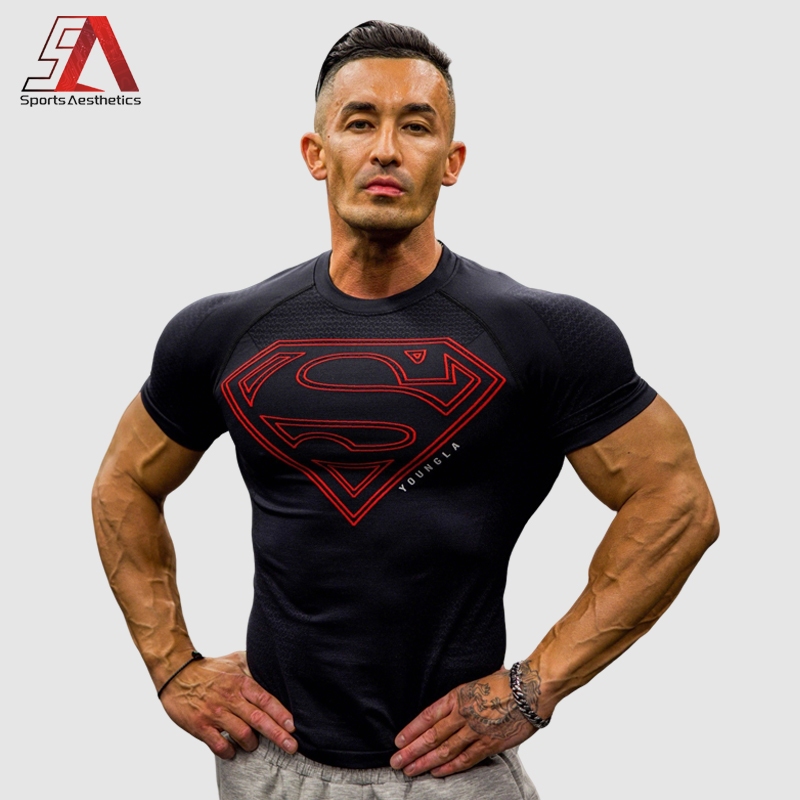 GYM Mens Stretch Casual Sports Shirt YA Superman T-Shirt - เสื้อยืดแขนสั้นระบายอากาศแห้งเร็ว