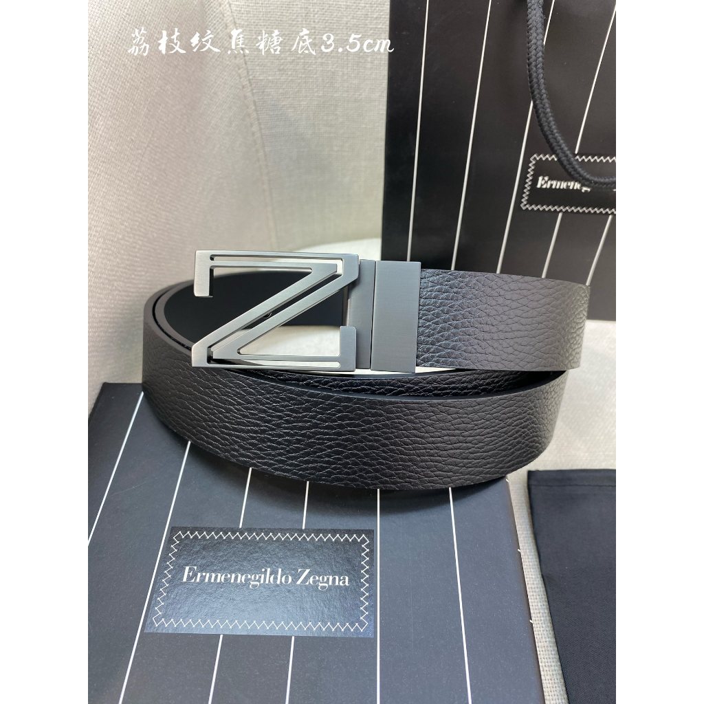 Zegna เข็มขัดหนังพิมพ์ลายลิ้นจี่หัวเข็มขัด Z สีดําด้านสําหรับผู้ชาย 3.5 ซม. เข็มขัดธุรกิจสองด้าน