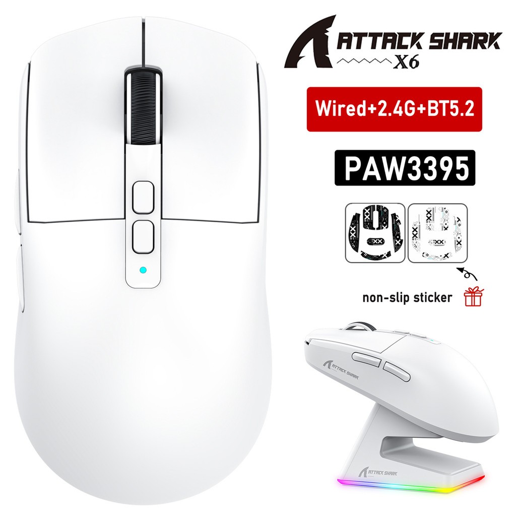 ATTACK SHARK X6 Lightweight Wireless Gaming Mouse with RGB Backlight Charging Base 26000DPI PAW3395 Optical Sensor Tri-Mode For PC/Mac