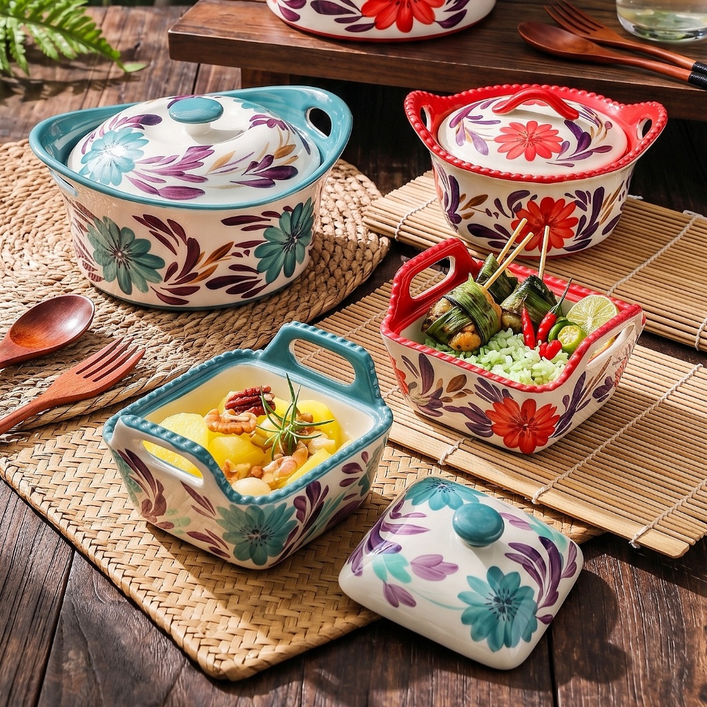 HongDian ชามเซรามิก ceramic porcelain bowl มีหูจับคู่พร้อมฝาปิด ลายดอกไม้ รักษาความร้อนและกันความชื้น วาดมือลวดลายสวยงาม ใช้ได้กับไมโครเวฟและเตาอบ ผลิตจากเซรามิกคุณภาพ สีไม่ซีดจาง พื้นผิวเรียบไม่เก็บฝุ่น ทำความสะอาดง่าย กันลื่นและกันความร้อน แข็งแรงทนทาน