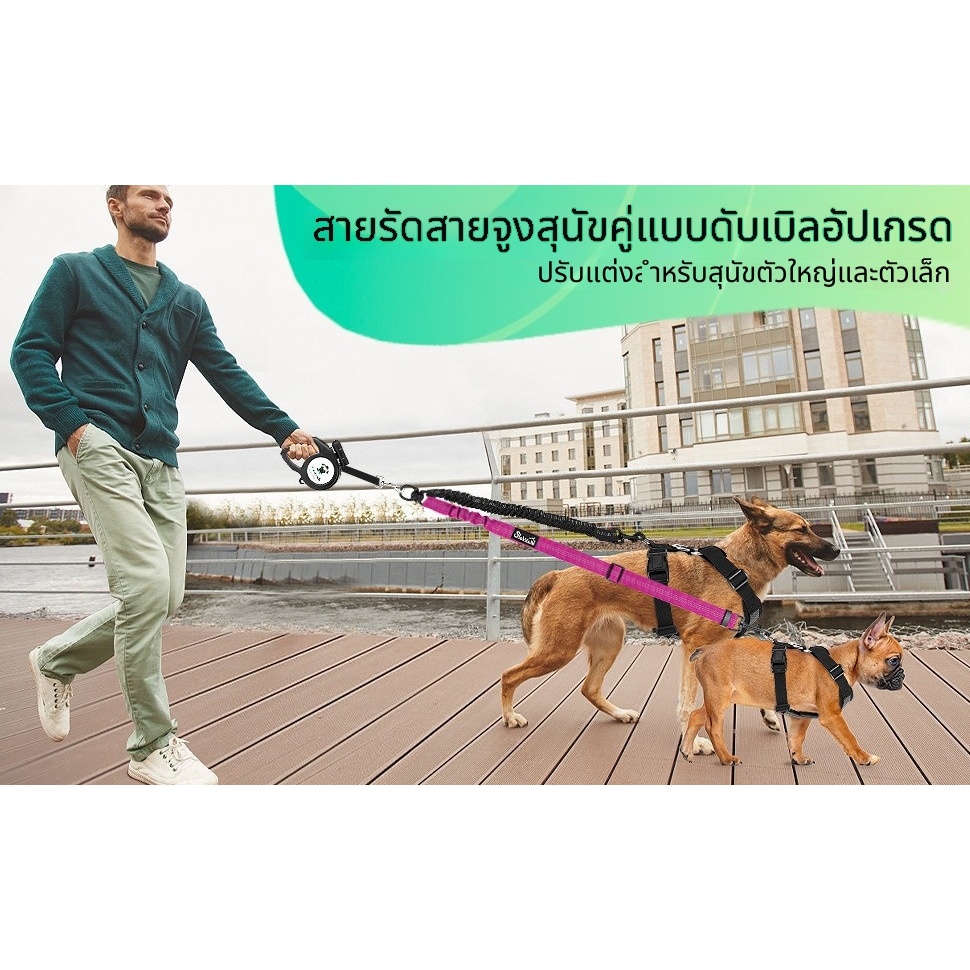 สุนัข สายจูงสองหัวสะท้อนแสง ⭐ 360° หมุนไม่พันกันยืดหยุ่นคืน