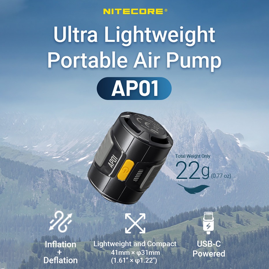 NITECORE AP01 ปั๊มลมแบบพกพา 22g 2.8 kPa USB-C การกลั่นเงินเฟ้อสําหรับหมอนเตียงลมแหวนว่ายน้ํา Camping Flame Booster