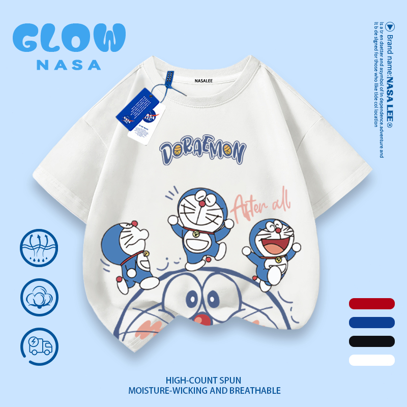 NASAเสื้อยืดเด็กสีขาวระบายอากาศ ลายโดราเอมอนยิ้มแย้ม เหมาะสำหรับเด็กหญิงและเด็กชายอายุ 3-16 ปี