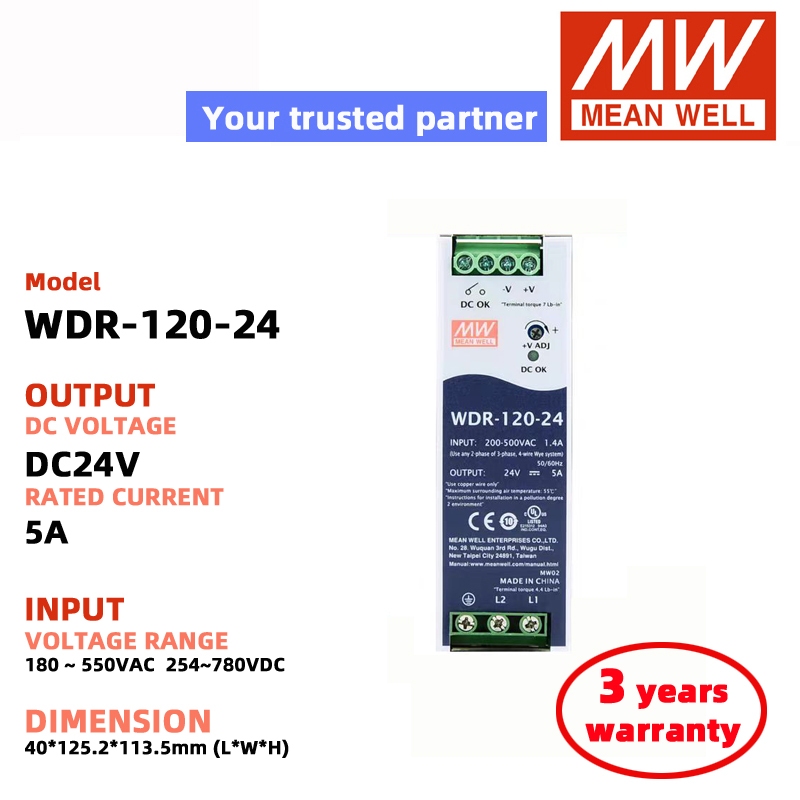 MEAN WELL WDR-120-24 WDR-120-12 WDR-120-48 อินพุต 180 ~ 550VAC Switching Power Supply Meanwell DC Po