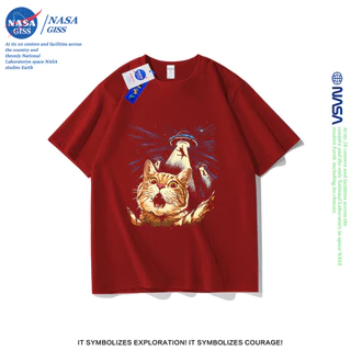 NASA เสื้อยืดชายหญิงแขนสั้น สตรีทฮิปฮอป summer ยูเอฟโอแย่งแมว พิมพ์ลาย คอตตอน คอกลม หลวมและระบายอากาศ