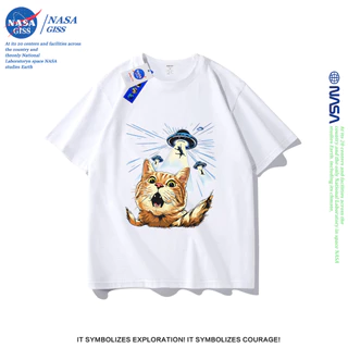 NASA เสื้อยืดชายหญิงแขนสั้น สตรีทฮิปฮอป summer ยูเอฟโอแย่งแมว พิมพ์ลาย คอตตอน คอกลม หลวมและระบายอากาศ