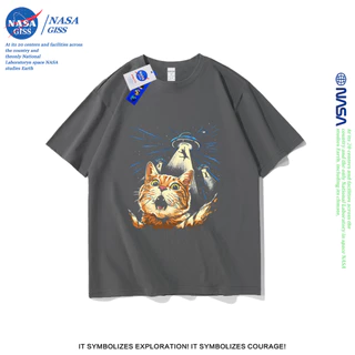 NASA เสื้อยืดชายหญิงแขนสั้น สตรีทฮิปฮอป summer ยูเอฟโอแย่งแมว พิมพ์ลาย คอตตอน คอกลม หลวมและระบายอากาศ