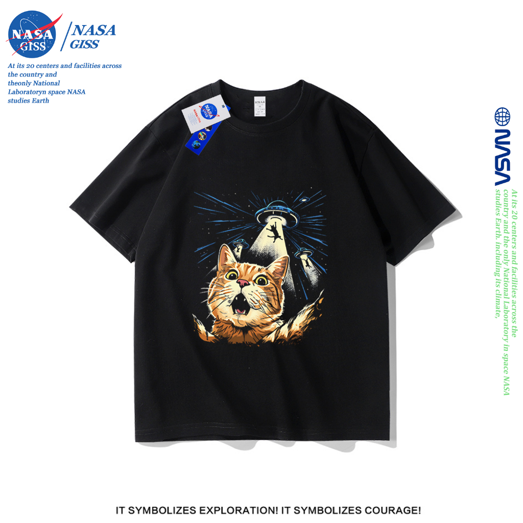 NASA เสื้อยืดชายหญิงแขนสั้น สตรีทฮิปฮอป summer ยูเอฟโอแย่งแมว พิมพ์ลาย คอตตอน คอกลม หลวมและระบายอากาศ