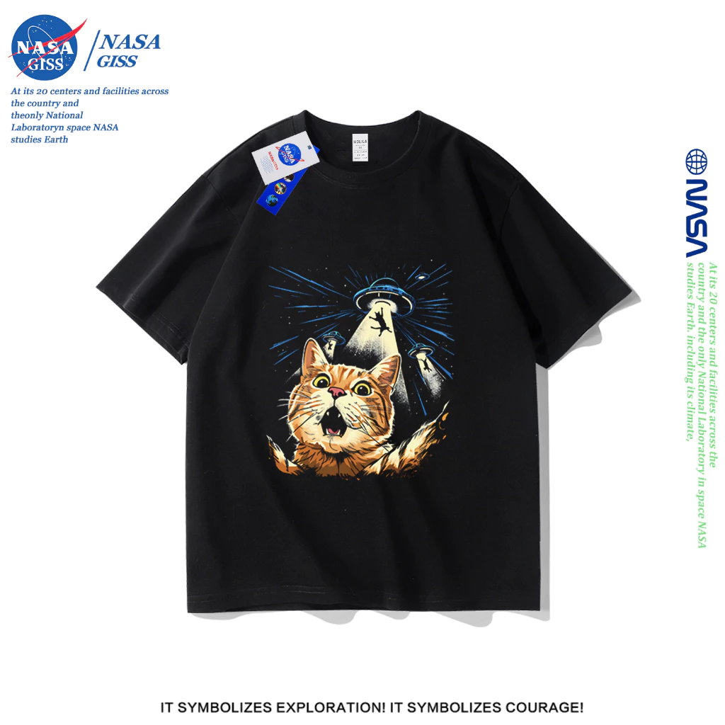NASA เสื้อยืดชายหญิงแขนสั้น สตรีทฮิปฮอป summer ยูเอฟโอแย่งแมว พิมพ์ลาย คอตตอน คอกลม หลวมและระบายอากาศ