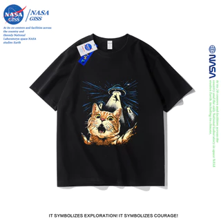 NASA เสื้อยืดชายหญิงแขนสั้น สตรีทฮิปฮอป summer ยูเอฟโอแย่งแมว พิมพ์ลาย คอตตอน คอกลม หลวมและระบายอากาศ