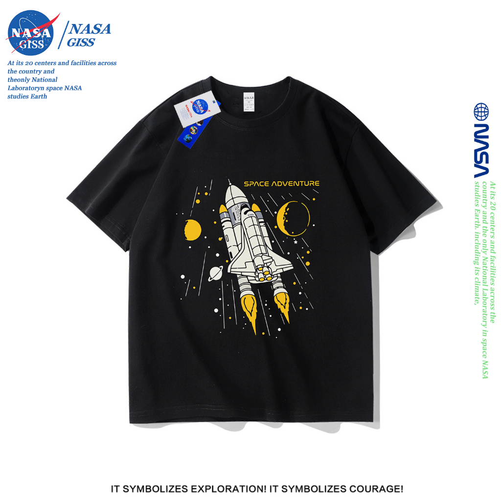 NASA เสื้อยืดชายหญิงแขนสั้น สไตล์ลำลอง summer การผจญภัยในอวกาศ พิมพ์ลาย คอตตอน คอกลม หลวมและระบายอากาศ