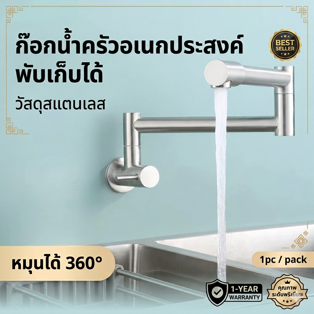 ก๊อกน้ำห้องครัว สแตนเลส 304 หมุนได้ 360 องศา พับเก็บได้ ก๊อกน้ำติดผนัง อเนกประสงค์ ประหยัดพื้นที่  ก๊อกน้ำซิงค์ล้างจาน สแตนเลสแท้ กันสนิม ดีไซน์พับได้ หมุนได้รอบทิศทาง ติดตั้งง่าย อุปกรณ์ห้องครัวพรีเมียม