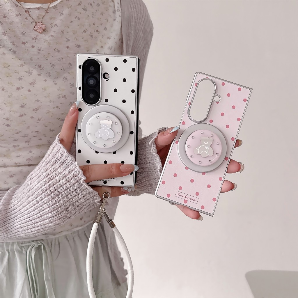 เหมาะสําหรับ Samsung Galaxy Z Fold 7 6 5 4 Diamond Bear Bracket Wave Point เคสโทรศัพท์แม่เหล็ก