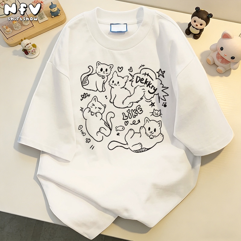 เสื้อยืดแขนสั้นผ้าฝ้ายแท้ แมวน้อยน่ารัก ผ้าคอตตอน ขนาดใหญ่หลวม แฟชั่นสไตล์เกาหลี YG969