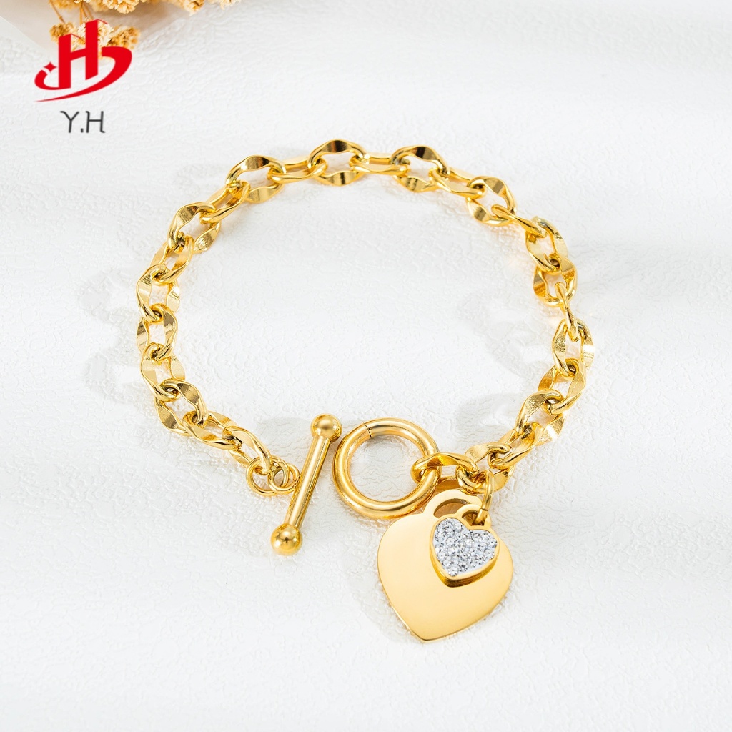 ⭐Y.H⭐ 316L รูปหัวใจ OT สีทอง 18 K สร้อยข้อมือสแตนเลสม