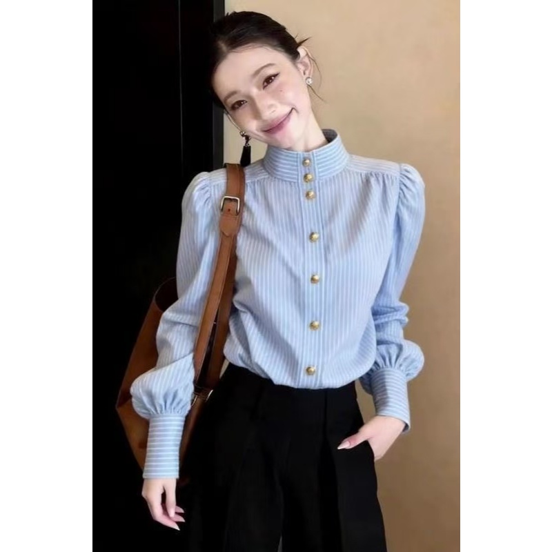 เสื้อลายสไตล์เกาหลีสำหรับผู้หญิง ตัวยาวแขน طويل ทรงหลวมอกสูง