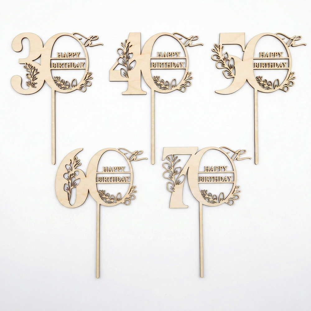 Happy Birthday 30th, 40th, 50th, 60th, 70th Wooden Cake Topper - Floar Pattern and Number 30, 40, 50