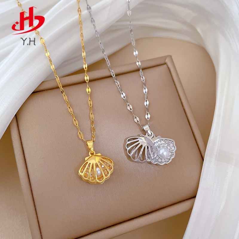 ⭐Y.H⭐เปลือกไข่มุก 18K สีทอง สร้อยคอสแตนเลส