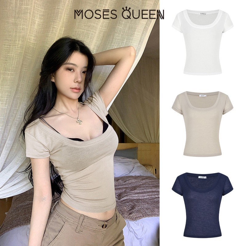< MOSESQUEEN > เสื้อผ้าสตรีฤดูร้อน แบบแขนสั้น คอขวด U ลายสปิซเกิล สวมใส่สบาย ตัวเต็มสี สำหรับผู้หญิงที่ต้องการความบางเพียงอย่างเดียว #62941