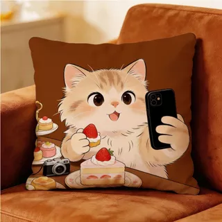 ปลอกหมอนแมวสีน้ําตาลสองด้าน ขนาด 40×40, 45×45, 55×55, 65×65 ตกแต่งโซฟา/สํานักงาน น่ารัก