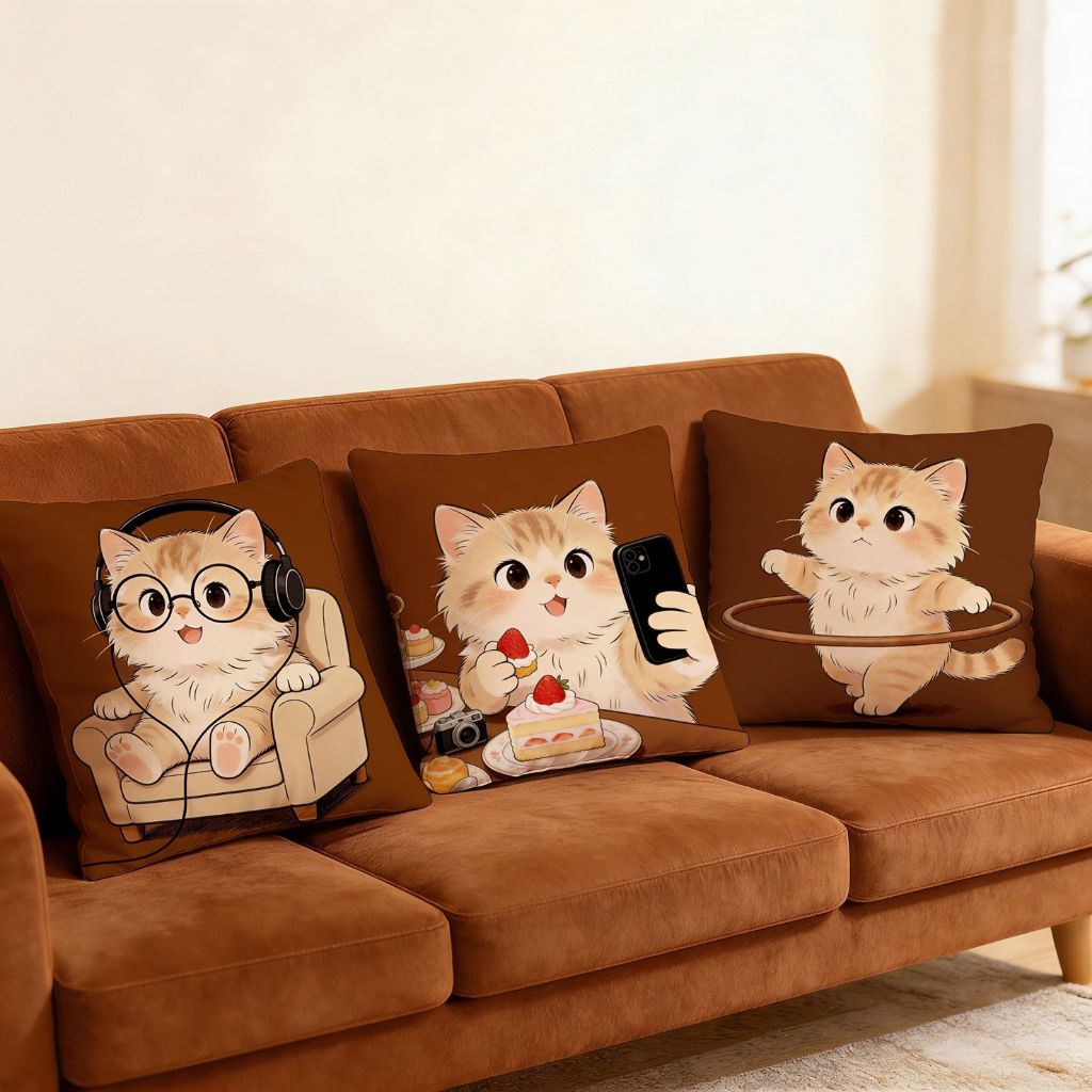 65×65.55×55.45×45.40×40.ปลอกหมอนแมวสีน้ําตาลสองด้าน.ปลอกหมอนสํานักงานโซฟาตกแต่งน่ารัก