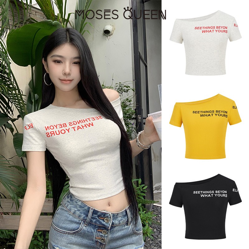 MOSESQUEEN เสื้อผ้าสั้นแขนสั้น แบบเอวเปิด ชุดเสื้อ T ฤดูร้อน แบบเอวเปิด เสื้อ T ที่ดูเซ็กซี่ แนวสาวสวยร้อนแรง #63041