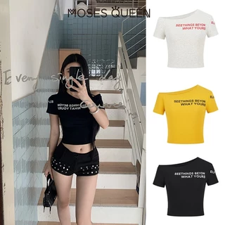 MOSESQUEEN เสื้อผ้าสั้นแขนสั้น แบบเอวเปิด ชุดเสื้อ T ฤดูร้อน แบบเอวเปิด เสื้อ T ที่ดูเซ็กซี่ แนวสาวสวยร้อนแรง #63041